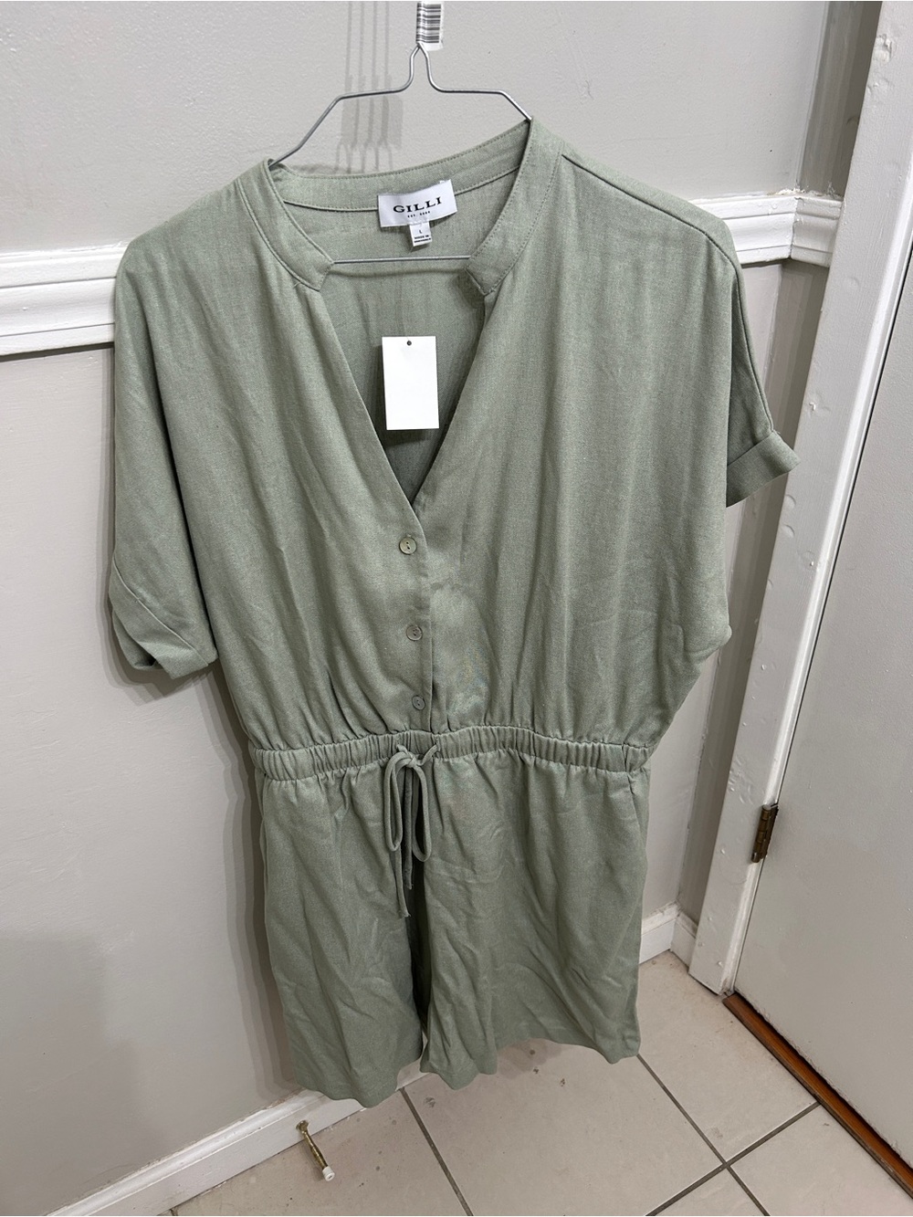 Gilli Light Sage Green Button-Front Drawstring Romper